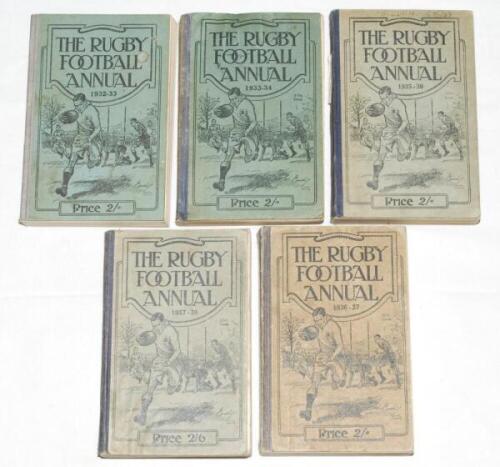 Rugby Union annuals, books and programmes. Box comprising a good selection including 'The Rugby Football Annual' 1932/33, 1933/34, 1935-36, 1936-37 and 1937-38. Bound in original stiffened boards with cloth spines. Some age toning to some editions, other 