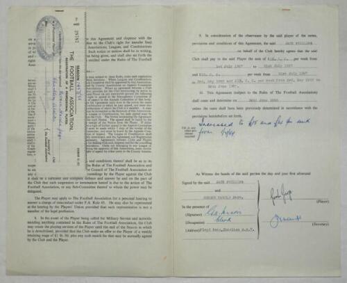 Charlton Athletic. Original official four page agreement/ contract between Gordon Harold Jago and Jack Phillips, Secretary of Charlton Athletic to play for Charlton for the 1957/58 season. Signed by Jago and Phillips in ink and dated 3rd May 1957 and witn