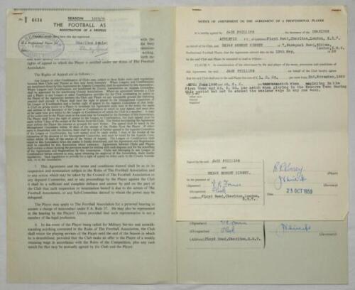 Charlton Athletic. Original official four page agreement/ contract between Brian Robert Kinsey and Jack Phillips, Secretary of Charlton Athletic to play for Charlton for the 1959/60 season. Signed by Kinsey and Phillips in ink and dated 12th May 1959 and 