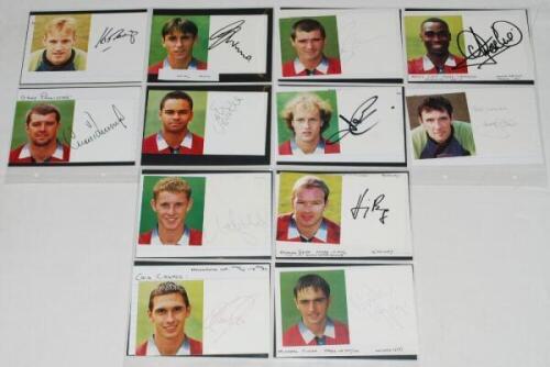 Manchester United. Selection of twenty official United colour 'half' club cards. Each signed by the player featured. Signatures are Butt, Berg, Casper, Clegg, Keane, Cole, Cruyff, Coton, Irwin, P. Neville, May, McClair, Scholes, Poborsky, Solskjaer, Sheri