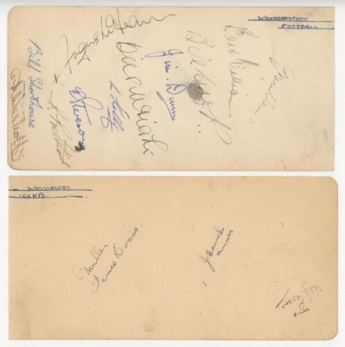 Wolverhampton Wanderers F.C. c.1949. Double album page signed in ink by fourteen Wolves players, including eight members of the 1949 F.A. Cup winning team. Signatures include Jimmy Mullen, Bert Williams, Bill Crook, Jimmy Dunn, Billy Wright, Roy Pritchard