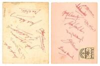 Arsenal F.C. c.1960. Two album pages, each signed in red ink by Arsenal members of the Arsenal team, one signed by eight, the other seven players. Signatures include Tommy Docherty (2 signatures), Vic Groves, Jackie Henderson, Jack Kelsey, Len Wills, John