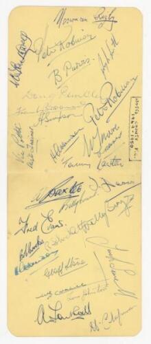 Notts County F.C. 1949/50. Two joined album pages nicely signed in ink by thirty members of the Notts County team and coaching staff. Signatures include Rigby, Robinson (signed twice), Purvis, Southwell, Pimbley, Broome, Simpson, Lawton, Baxter, Deans, Ev