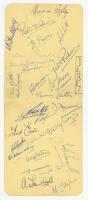 Notts County F.C. 1949/50. Two joined album pages nicely signed in ink by thirty members of the Notts County team and coaching staff. Signatures include Rigby, Robinson (signed twice), Purvis, Southwell, Pimbley, Broome, Simpson, Lawton, Baxter, Deans, Ev