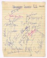 Notts County F.C. 1956/57. Ruled page signed in different coloured inks by twenty three members of the Notts County team and coaches. Signatures are McGrath, Taylor, Carver, Birkenshaw, Jackson, Sheridan, Bulch, Asher, Loxley, Blenkinsop, Lane, Cruikshank
