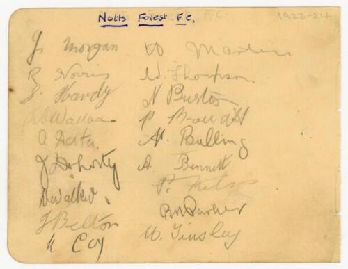 Nottingham Forest F.C. 1923/24. Album page signed in pencil to one side by eighteen members of the team, and to verso by a further five. Twenty three signatures in total. Signatures include Morgan (Northern Ireland 7 caps), Norris, Hardy (England 21 caps)