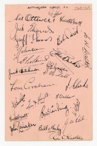 Nottingham Forest F.C. 1948/49. Album page nicely signed in ink by twenty five players and coaching staff (one duplicate). Signatures include Lee, Ottewell, Scott (signed twice), Edwards, Thomas, Johnson, Wilkins, Barks, Hutchinson, Gager, McCall, Knight,