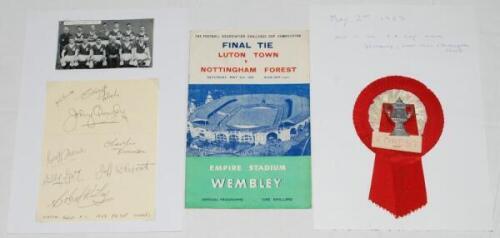 Nottingham Forest F.A. Cup Winners 1959. Page signed by eight members of the Forest team who played in the Final against Luton Town at Wembley Stadium, 2nd May 1959. Signatures are Jack Burkitt, Stewart Imlach, Johnny Quigley, Charlie 'Chic' Thomson, Bill