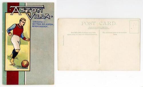 Aston Villa F.C. c1905. Original colour 'Valentine's Series' postcard with a graphic art depiction of a player in Aston Villa colours, 'Aston Villa' title with 'Ground- Witton Rd. Aston, Birmingham' below, and the claret and blue colours to background. VG