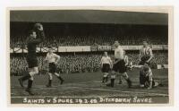 Southampton v Tottenham Hotspur. Mono real photograph postcard of action from the F.A. Cup Quarter-final match played at The Dell, 28th February 1948. Depicted is Spurs goalkeeper catching the ball with Bill Nicholson and others in the background. Regent 