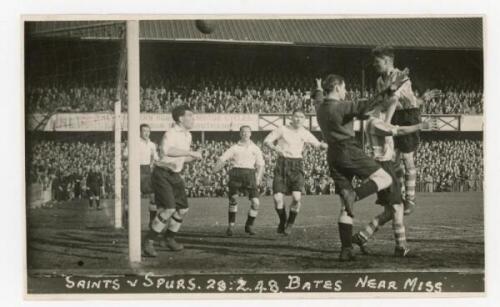 Southampton v Tottenham Hotspur. Mono real photograph postcard of action from the F.A. Cup Quarter-final match played at The Dell, 28th February 1948. Depicted is Ted Bates of Southampton missing an attempted close-range header. Regent Studios, Southampto