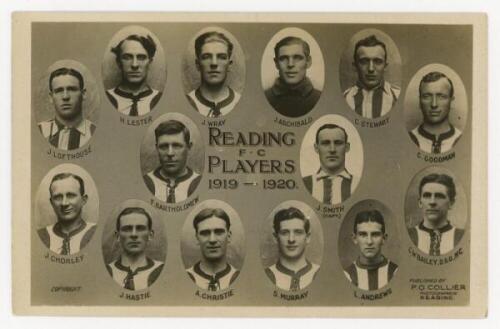 'Reading F.C. Players 1919-1920'. Sepia real photograph postcard of fourteen head and shoulders images of players in cameo. Published by P.O. Collier of Reading. Postally unused. VG - football