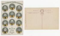 'Wolverhampton Wanderers. The English Cup Team 1908'. Colour chromolithographic postcard of eleven members of the team in cameo with title and player's name printed below each image, the players' jerseys depicted in the team colours of black and gold. The