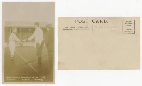 'Portsmouth v Fulham' 1906. Sepia real photograph postcard of the captains, A. Buick and Fryer, shaking hands at the start of the match. Photograph by 'Cribb'. Postally unused. Excellent condition. Rare - football<br><br>Both teams were playing in the Sou
