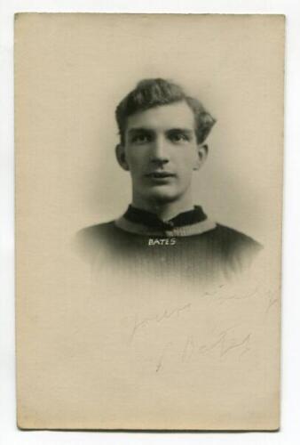 Philip William Bates. Crystal Palace 1919-1921. Sepia real photograph postcard of Bates wearing Palace shirt in cameo with name printed beneath. Signed below the image by Bates, but sadly now fading, though legible. Postcard by T.H. Everett Studios of Cry