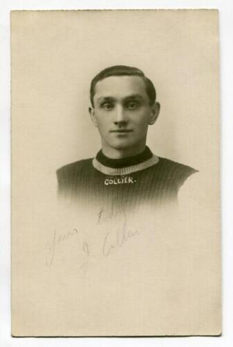 James Collier. Crystal Palace 1920-1921. Sepia real photograph postcard of Collier wearing Palace shirt in cameo with name printed beneath. Signed below the image by Collier but sadly now fading, though legible. Postcard by T.H. Everett Studios of Crystal
