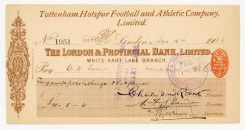 Tottenham Hotspur season 1906/07. Original 'Tottenham Hotspur Football and Athletic Company Limited' cheque no. 1951 for The London &amp; Provincial Bank Limited White Hart Lane Branch, made out to A.N. Turner for 'Ground wages' dated 15th September 1906 