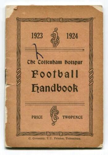 'The Tottenham Hotspur Football Handbook 1923-1924'. Official club handbook. Original wrappers. 40pp. Printed by C. Coventry of Tottenham. Wrappers detached with some loss to extremities and corners. Pen mark to front wrapper, contents in very good condit