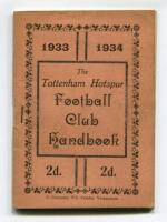 'The Tottenham Hotspur Football Club Handbook 1933-1934'. Official club handbook. Original wrappers. 59pp plus note pages. Printed by C. Coventry of Tottenham. Some neat handwritten pencil notes made to 'notes pages', slight age toning otherwise in good/v