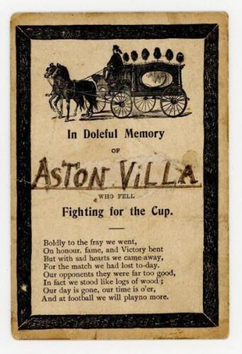 Tottenham Hotspur v Aston Villa. Season 1920/1921. 'In Doleful Memory of Aston Villa, who fell Fighting for the Cup'. 'In Memoriam' style postcard assumed to have been issued following Tottenham Hotspur beating Aston Villa 1-0 in the 4th round of the F.A.