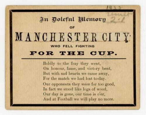 Tottenham Hotspur v Manchester City. Season 1921/1922. 'In Doleful Memory of Manchester City, who fell fighting for the Cup'. 'In Memoriam' style postcard issued following Tottenham Hotspur winning the 3rd round tie, 18th February 1922. 'Boldly to the fra