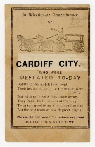 Tottenham Hotspur v Cardiff City. Season 1921/1922. 'In Affectionate Remembrance of Cardiff City, who were Defeated To-day'. 'In Memoriam' style postcard issued following Tottenham Hotspur winning the F.A. Cup 4th round tie in a replay, 9th March 1922. 'B
