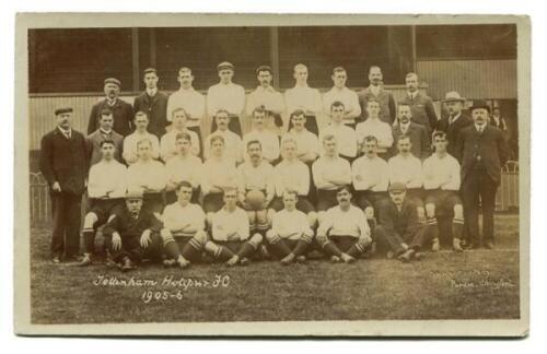 Tottenham Hotspur F.C. 1905/06. Rare early mono real photograph postcard of the team playing staff and officials, standing and seated in rows, with title 'Tottenham Hotspur F.C. 1905-06' to lower border, to the left. Copyright by Purdie of Chingford, publ