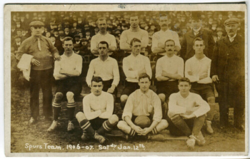 Tottenham Hotspur v Hull City, F.A. Cup 1st round 1907. Early mono real photograph postcard of the team and officials, standing and seated in rows, for the match played at White Hart Lane, with printed title 'Spurs Team. 1906-07. Saturday Jan 12th' to low