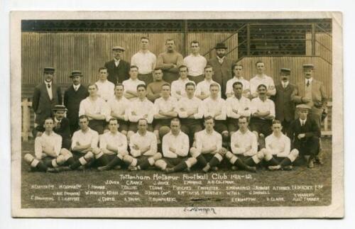 Tottenham Hotspur F.C. 1911/12. Early sepia real photograph postcard of the team and officials, standing and seated in rows, with title and players names printed to lower border. F.W.Jones of Tottenham. Postally unused. Rare. Minor ink annotation to lower