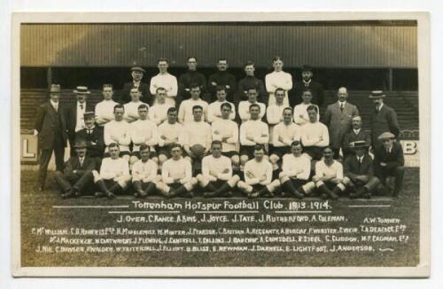 Tottenham Hotspur 1913/14. Early sepia real photograph postcard of the team and officials, standing and seated in rows, with title and players names printed to lower border. F.W.Jones, Tottenham. Postally unused. Rare. Some light fading to card corners ot