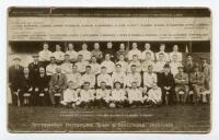 Tottenham Hotspur F.C. 1923/24. Mono real photograph postcard of the team, officials and Directors, standing and seated in rows, with title 'Tottenham Hotspur. Team &amp; Directors. 1923/1924' printed to lower border, team names printed to top and lower b