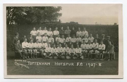 Tottenham Hotspur F.C. 1927/28. Mono real photograph postcard of the playing staff, officials and directors, standing and seated in rows, with title to lower border. W.J. Crawford of Edmonton. Postally unused. Very good condition. Rare - football<br><br>S