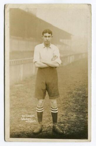 A.C. Cousins. Tottenham Hotspur 1907/08. Sepia real photograph postcard of Cousins, full length, in Spurs attire with stand behind. Jones Brothers of Tottenham. Postally unused. Minor wear to corners otherwise in good/very good condition. Rare - football<