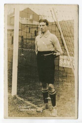 James Henry Caldwell. Tottenham Hotspur 1908. Sepia real photograph postcard of goalkeeper Caldwell, full length, in Spurs attire standing in the goal. Jones Brothers of Tottenham. Postally unused. Minor wear to edges otherwise in good/very good condition