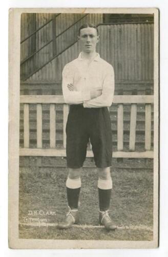 D.H. Clarke. Tottenham Hotspur 1909. Mono real photograph postcard of Clarke, full length, in Spurs attire. Title to card reads D.H. Clark, rather than Clarke. Jones Brothers of Tottenham. Postally unused. Odd very minor faults otherwise in good/very good
