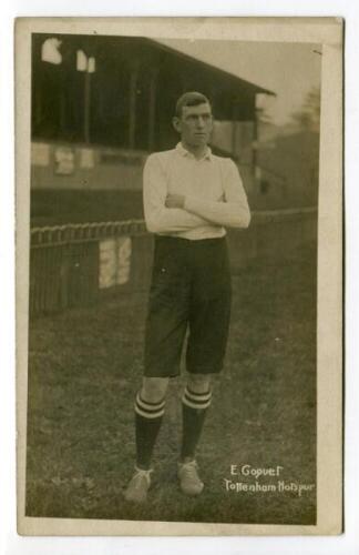 Ernest Coquet. Tottenham Hotspur 1908-1911. Early mono real photograph postcard of Coquet, full length, in Spurs shirt. Title to lower border 'E. Coquet. Tottenham Hotspur'. Jones Bros, Tottenham. Postally unused. Image a lttle darkened otherwise in good 