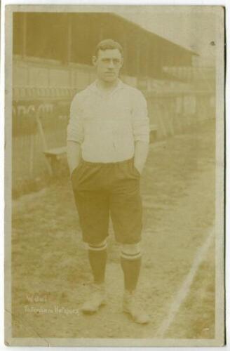 Walter Bull. Tottenham Hotspur 1904-1905 and 1908/1909. Early sepia real photograph postcard of Bull, full length, in Spurs attire. Title to lower left hand corner 'W. Bull. Tottenham Hotspurs'. Jones Bros, Tottenham. Postally unused. Image a little faded