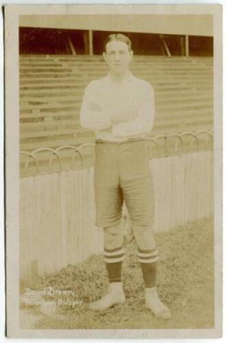 David Crichton Brown. Tottenham Hotspur 1909/1910. Early sepia real photograph postcard of Brown, full length, in Spurs attire. Title to lower left hand corner 'David Brown. Tottenham Hotspur'. F.W. Jones, Tottenham. Postally unused. Some faded annotatio