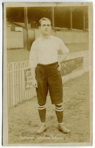 George Huntley Badenoch. Tottenham Hotspur 1906/1907. Early sepia real photograph postcard of Badenoch, full length, in Spurs attire. Title to lower left hand corner 'Badenoch. Tottenham Hotspurs'. Jones Bros, Tottenham. Postally unused. Minor soiling and
