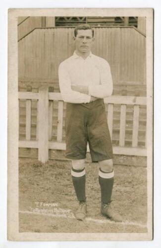 Thomas Forman. Tottenham Hotspur 1910-1911. Sepia real photograph postcard of Forman, full length, in Spurs attire. Title to lower left hand border. F.W. Jones, Tottenham. Postally unused. Good/very good condition - football<br><br>Tom Forman played in ei