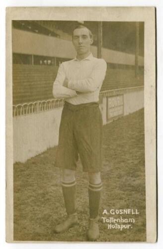 Albert Arthur Gosnell. Tottenham Hotspur 1910. Sepia real photograph postcard of Gosnell, full length, in Spurs attire. Title to lower right hand border. F.W. Jones, Tottenham. Postally unused. Slight fading to image otherwise in good/very good condition 