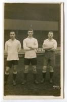 James Dimmock. Tottenham Hotspur 1919-1930 James Cantrell. Tottenham Hotspur 1912-1922 and Herbert Bliss. Tottenham Hotspur 1912-1922. Sepia real photograph postcard of the three players, full length, in Spurs attire. W.J. Crawford 1921 of Edmonton. Good/