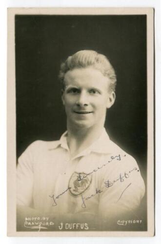 John Murison Duffus. Tottenham Hotspur 1923-1924. Excellent mono real photograph postcard of Duffus, half length, in Spurs jersey. Nicely signed by Duffus 'Yours sincerely, Jack Duffus'. W.J. Crawford of Edmonton. Postally unused. Good/very good condition