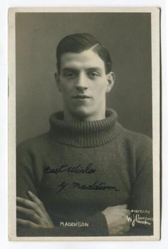 George Maddison. Tottenham Hotspur 1922-1923. Mono real photograph postcard of goalkeeper Maddison, half length, in Spurs jersey. Signed in ink 'Best wishes, G. Maddison'. W.J. Crawford of Edmonton. Postally unused. Good/very good condition - football<br>
