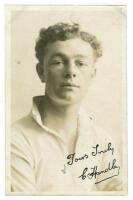 Charles Harold James Handley. Tottenham Hotspur 1921-1929. Sepia real photograph postcard of Handley, half length, in Spurs shirt. Signed in ink 'Yours truly, C. Handley'. W.J. Crawford of Edmonton. Good/very good condition Postally unused - football<br>