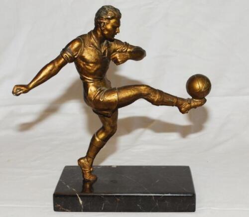 Football figure. Large and impressive bronze/spelter [?] figure of a footballer in the act of kicking the ball. Mounted to heavy marble plinth. Maker unknown, possibly French c.1930s. Approximately 11.5&quot; tall. Good condition - football