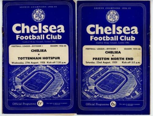 Chelsea F.C. 1958/59, 1959/60 and 1960/61. A good run of official 'home' match programmes for League, F.A. Cup and representative matches played at Stamford Bridge. 1958/59 lacking v Frem Copenhagen (Fairs Cup) 30th September 1958. Includes v Ville de Bel