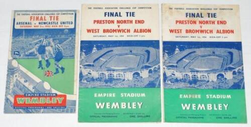 F.A. Cup Finals 1952 and 1954. Official programme for the 1952 Final, Arsenal v Newcastle United, and two for the 1954 Final, Preston North End v West Bromwich Albion. Some soiling and spotting to two programmes, otherwise in good condition - football<br>
