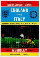 England v Italy 1973. Official programme for the international match played at Wembley Stadium 14th November 1973. Signed in ink to the team lists by ten members of the England squad, the majority of whom played in the match, including Ray Clemence, Peter