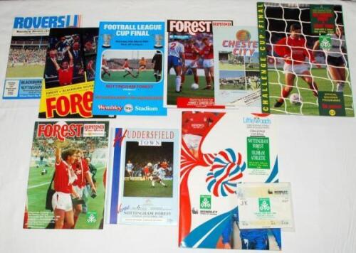 Nottingham Forest F.C. League Cup winners seasons 1979/80-1989/90. Three folders comprising a complete run of home and away programmes for matches including replays played in seasons 1979/80 (10 programmes), 1988/89 (9) and 1989/90 (10 with official match